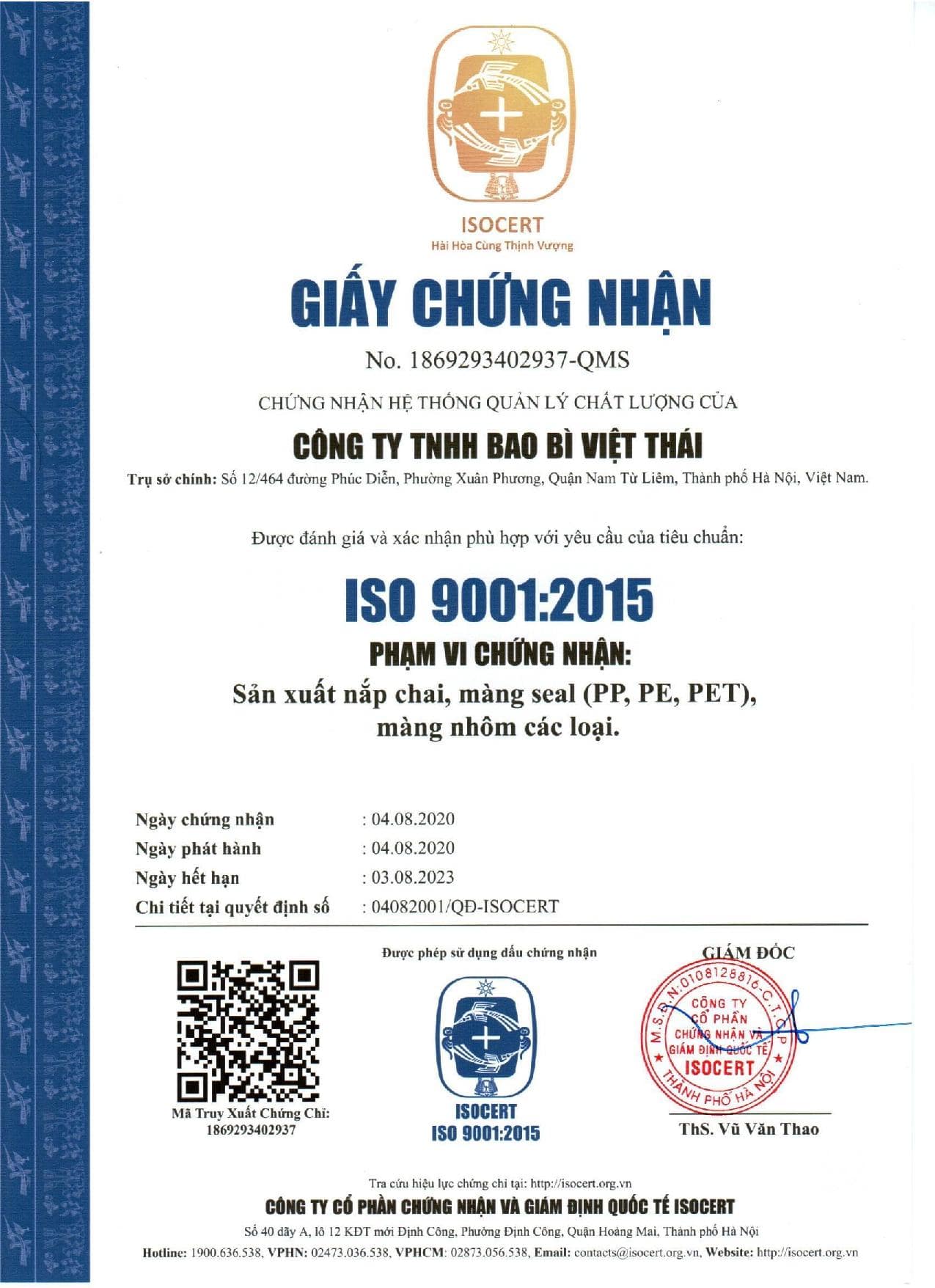 Chứng chỉ ISO - Bao Bì Việt Thái